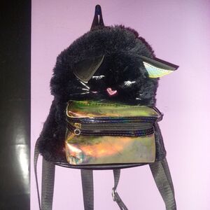 Black Furry Cat Backpack with Iridescent Pocket